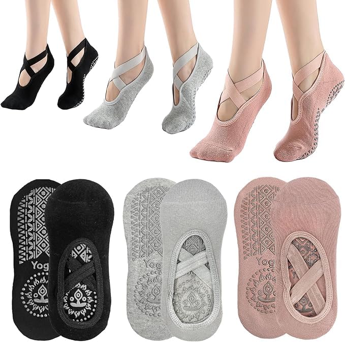 WKLOUYHE 3 Pairs Yoga Pilates Socks Non-Slip Socks for Women Girls Grippy Socks Floor Sock Non-Slip Grips Straps One Size Breathable Socks for Fitness Ballet_Free Size,Black,Light Pink And Grey