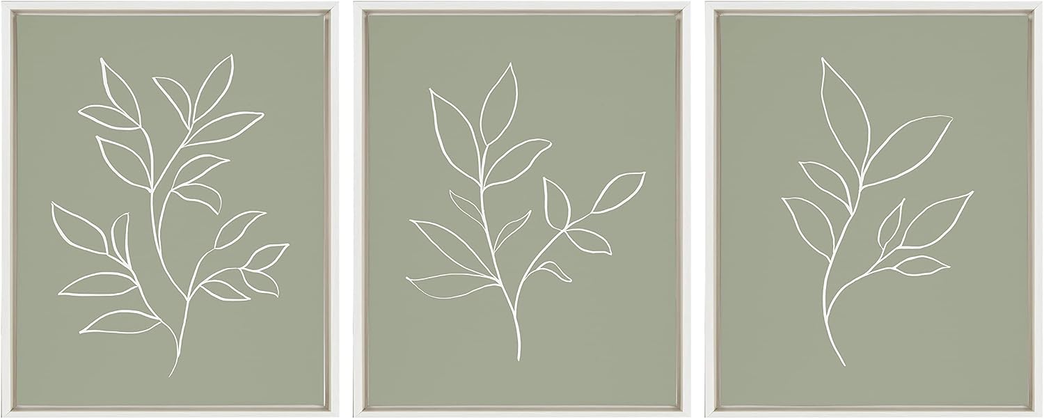 Kate and Laurel Sylvie Modern Sage Green Botanical Line Sketch Print 1, 2, and 3 Framed Canvas Art Set by The Creative Bunch Studio, 3 Piece Set 18x24 White, Organic Neutral Soft Green Wall Décor Set