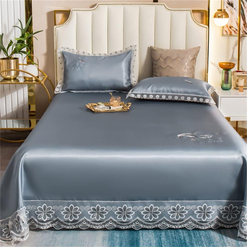 Lace Lace Palace Style Bed Sheet Ice Silk Mat Three-Piece Summer Foldable and Washable (Colour: Blue, Size: 1.8 m) (Blue 1.8 m)