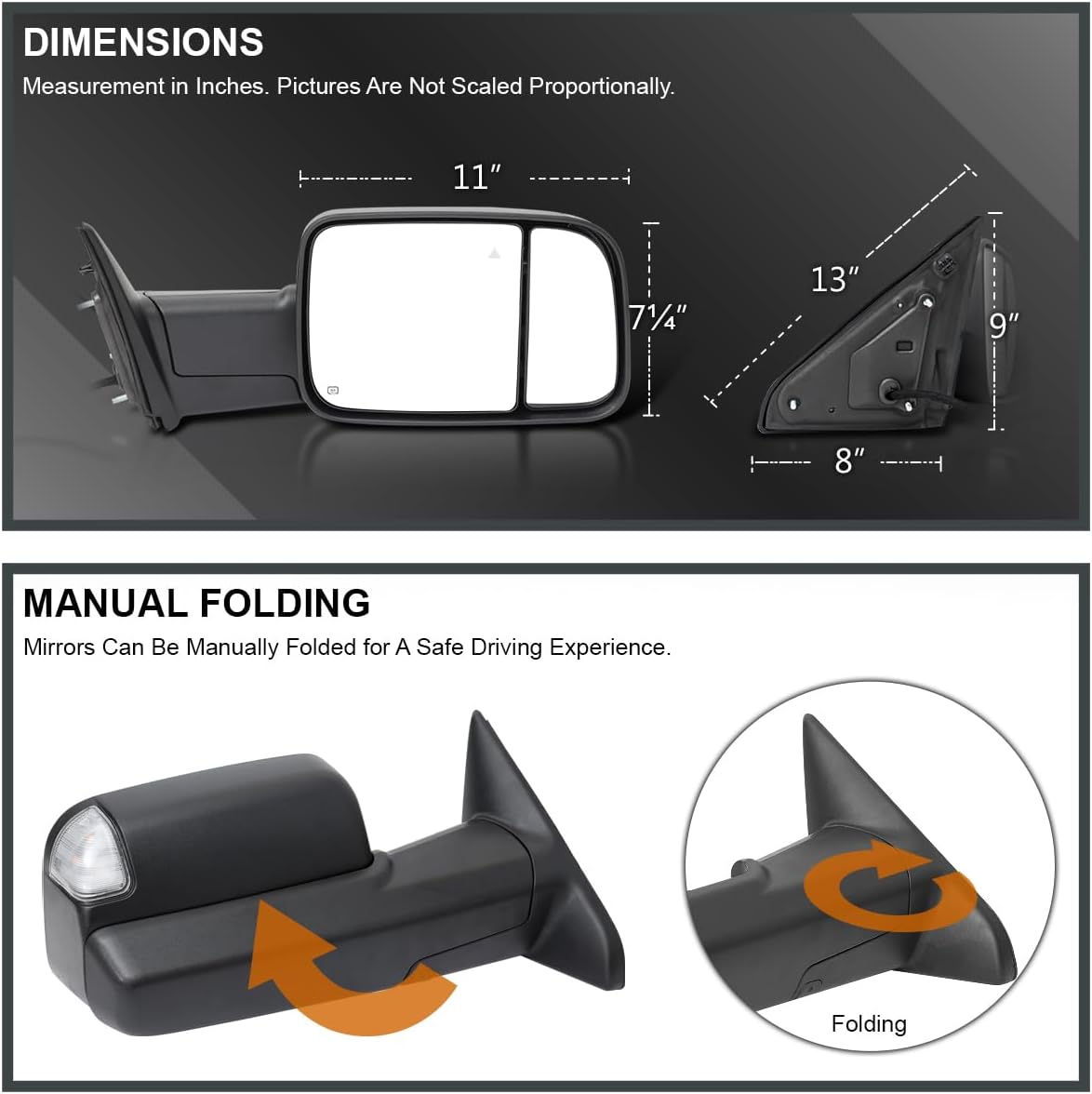Spec-D Tuning Black Right Passenger Side Power Heated Manual Fold Tow Mirror w/Puddle Light + Blind Spot Compatible with 2019-2022 Ram 2500 3500