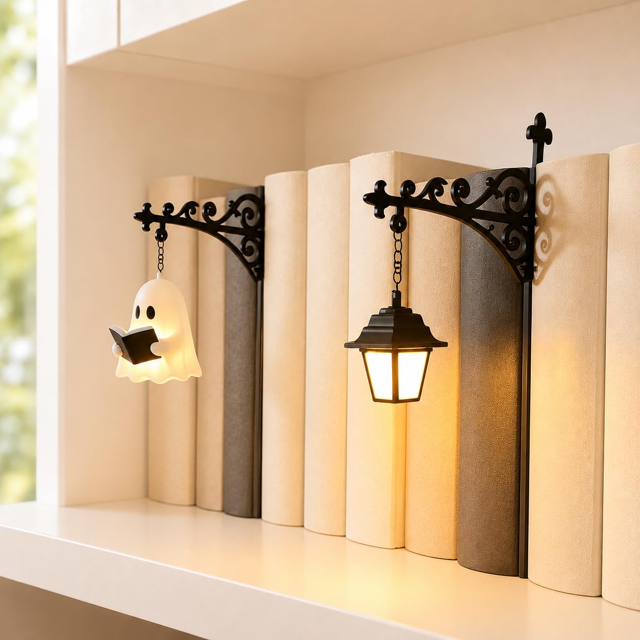 Library Lantern Bookshelf Lamp, Vintage Hanging LED Bookshelf Lantern Lights for Bookworms, Warm Decorative Ghost Bookshelf Lighting for Book Nook, Home Library, Study and Reading Corner (A+B)