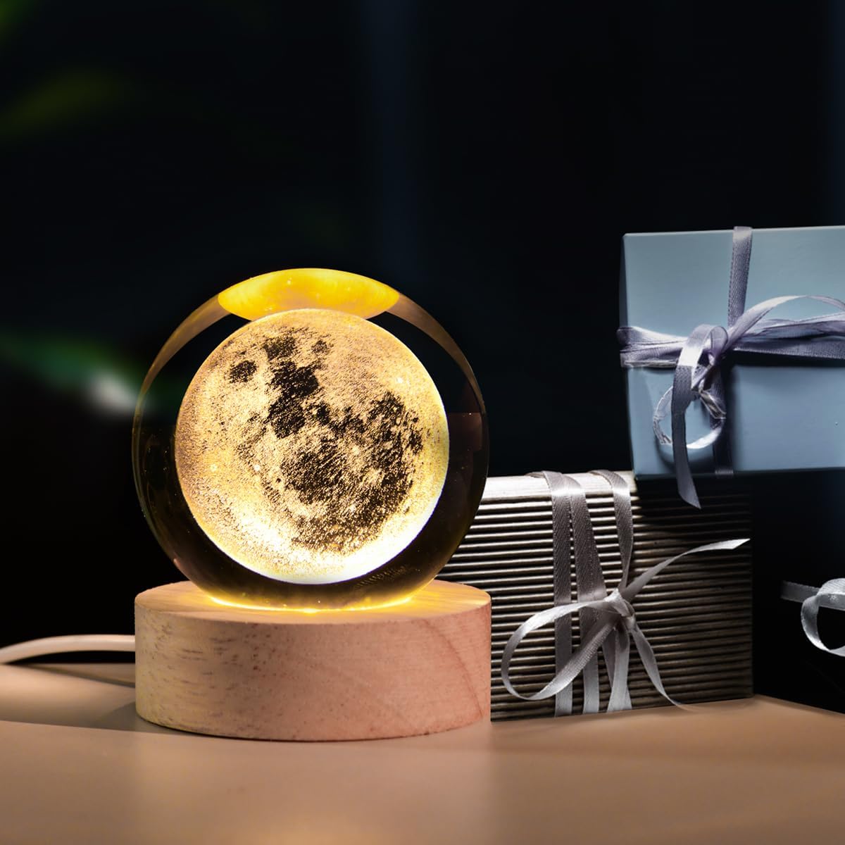QIANCHANG 3D Moon Crystal Ball with LED Stand, Moon Figurine Decor Glass Sphere Lamp, Space Planet Globe Night Light Gifts for Women Men Mom Kids