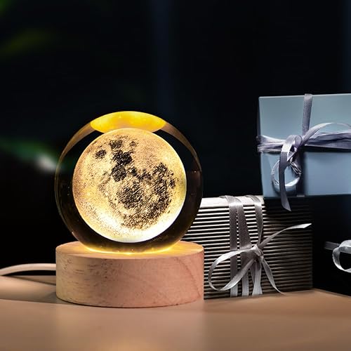 Miniatura 7 de Bola de cristal de luna 3D con soporte LED, figura de luna, lámpara de esfera de cristal, globo espacial planeta, luz nocturna, regalos para