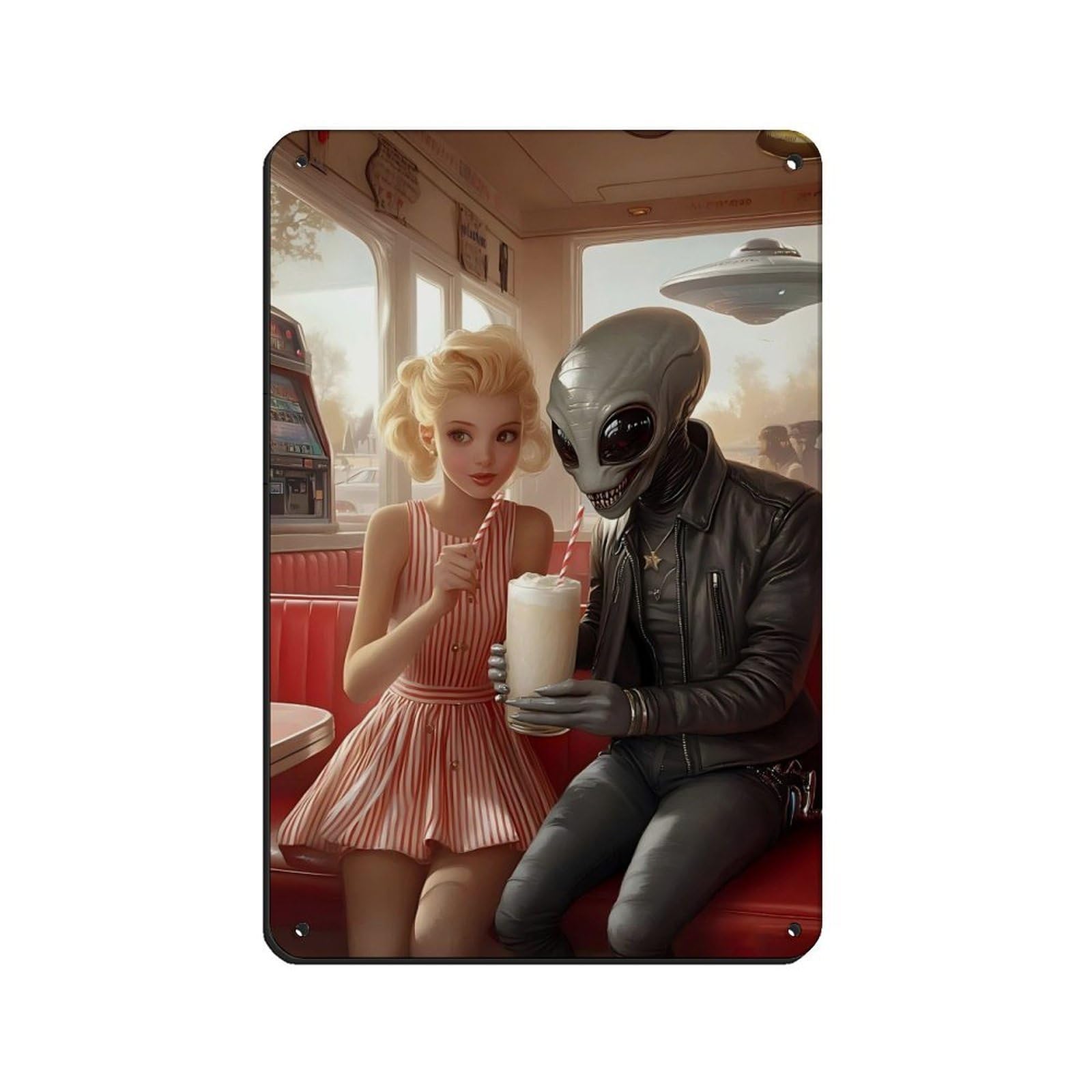Retro Sci Fi Alien Diner, 1950s Vintage Retro Poster Metal Tin Sign Chic Art Retro Iron Painting Bar People Cave Cafe Family Garage Poster Wall Decoration 8x12inch(20x30cm)