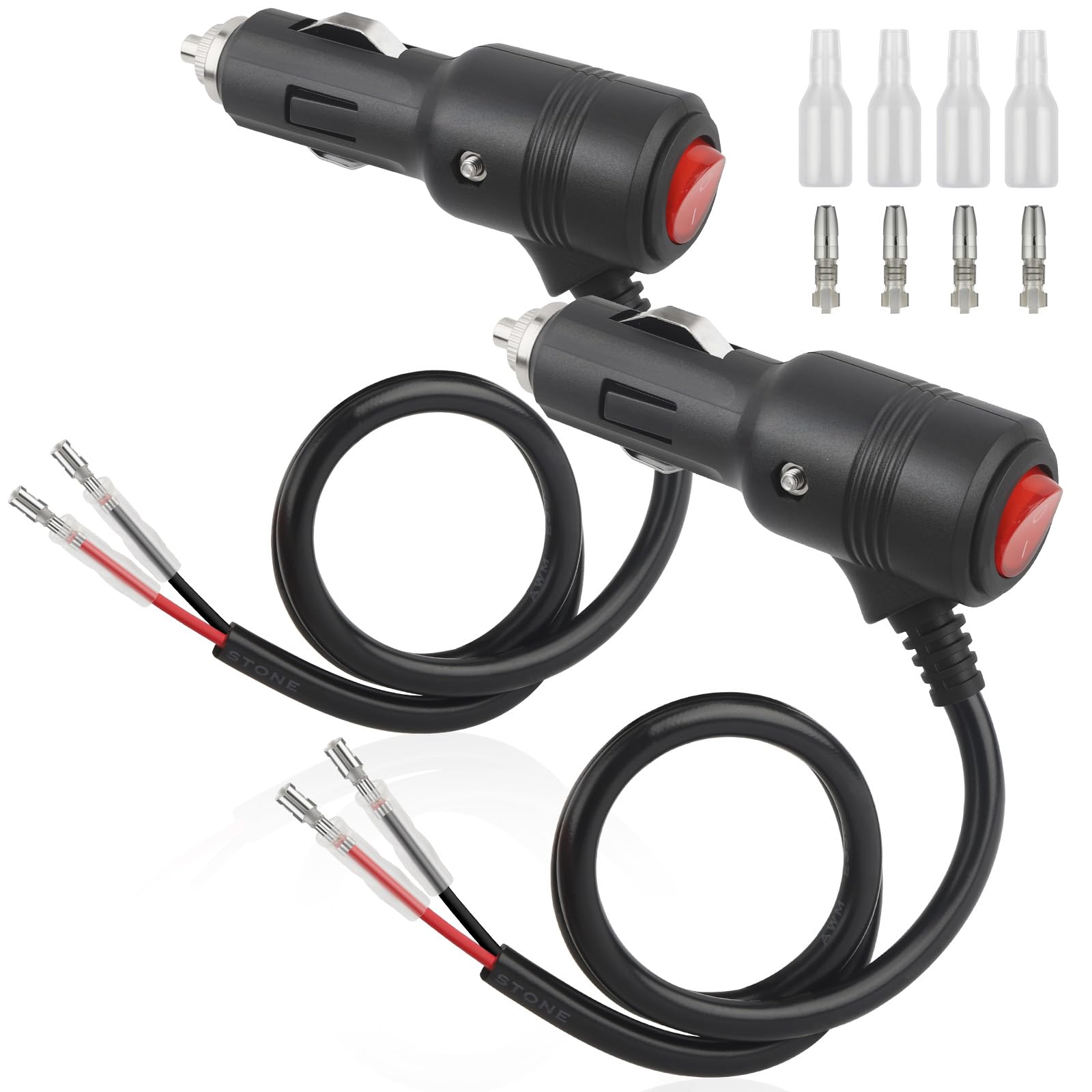 2 Stück Zigarettenanzünder-Stecker (50cm) mit Schalter – 12V/24V 16AWG Verlängerungskabel mit Doppelt Isolierter Außenhülle für Auto, Wohnmobil, Boot, Motorrad