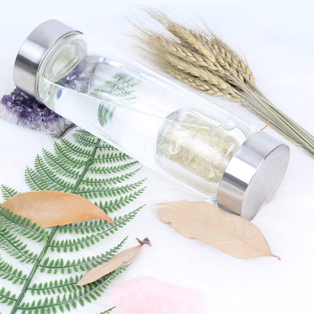 Botella De Agua De Cristal Natural Botella De Agua Con Piedras Preciosas De Cuarzo Healing Elixir Point Reiki Copa De Piedra De Grava Con Gemas Removibles Y Funda Protectora ( Color : Tea crystal )