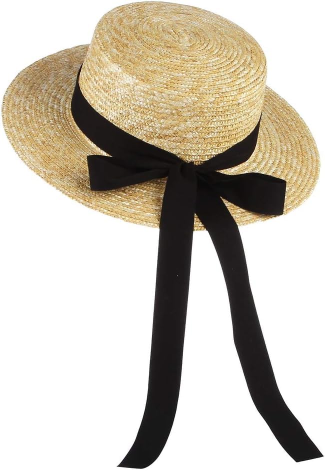 Summer Boater Straw Hat, Wide Brim Retro Flat Top Panama Beach Sun Hat, Black Trim, Handwoven