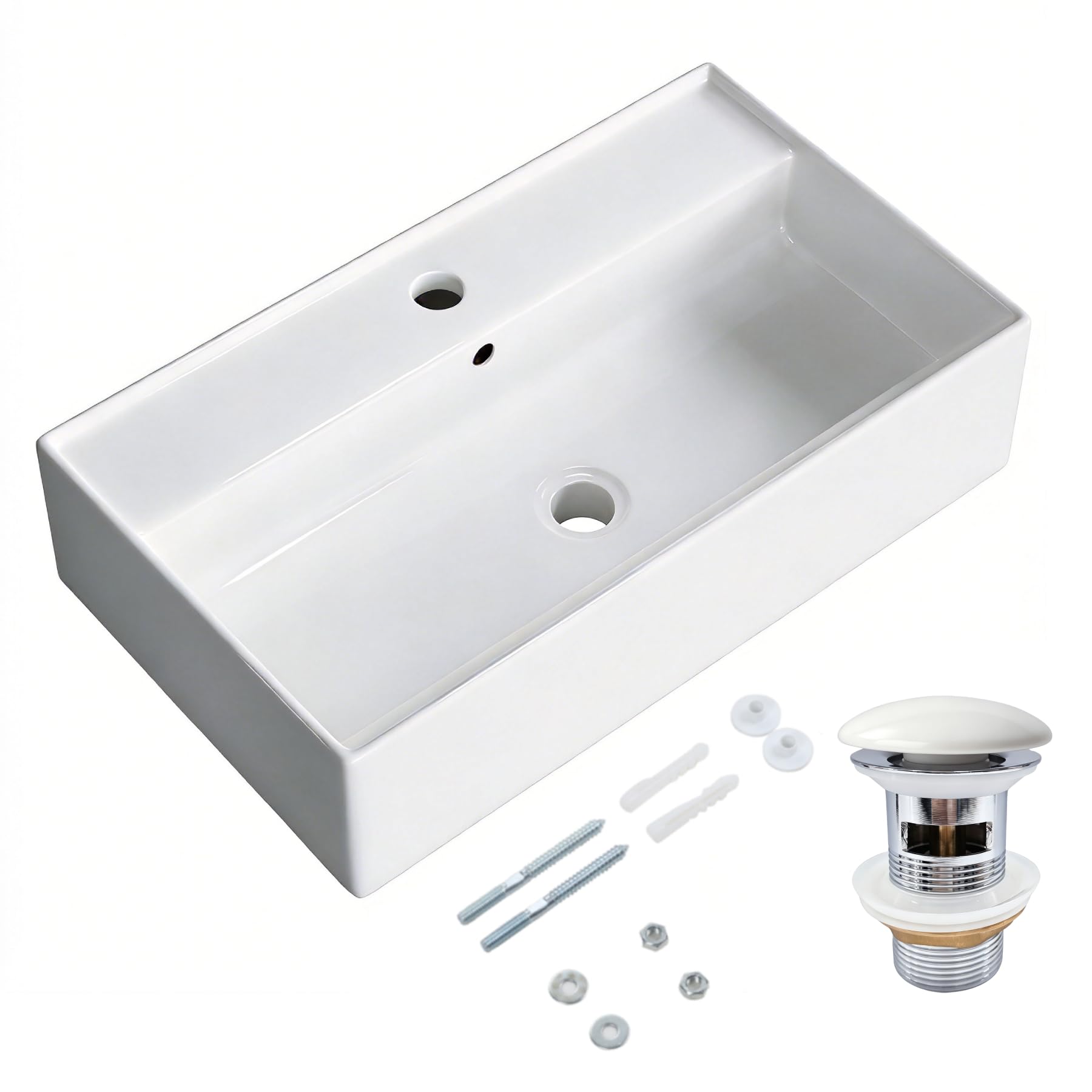 HOROW Lavabo de pared colgante con válvula de desagüe desplegable | Lavabo con diseño de borde fino, con orificio para grifo, para baño pequeño, inodoro, inodoro, lavabo, 55 cm, rectangular
