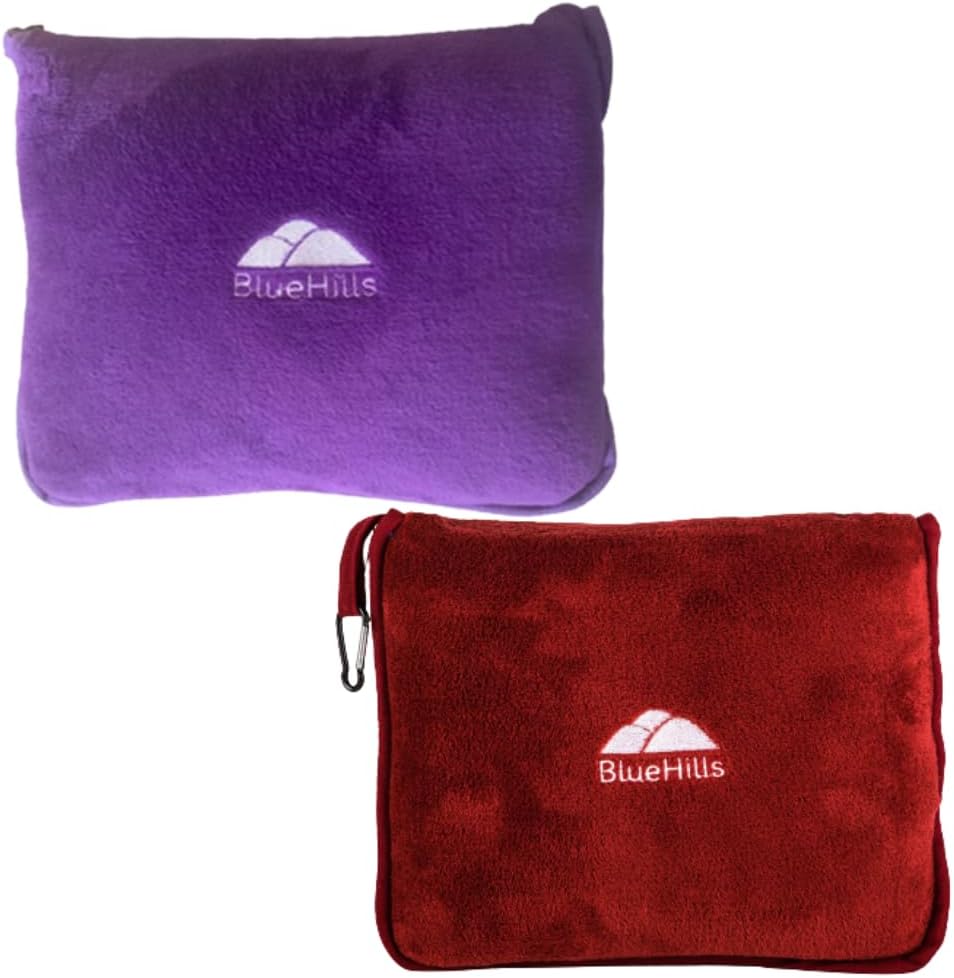 BlueHills Travel Blanket Pillows for Two Airplane Traveling Essentials Flight Throws in Bag case with Backpack Clip Compact Large Plane Accessories – Purple and Red