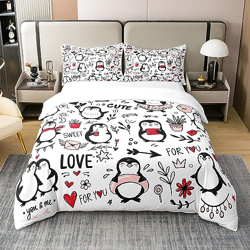 Nature Cotton Cartoon Penguin Duvet Cover Full,Kawaii Wild Animals Hand Draw Graffiti Comforter Cover (Not Comforter),Valentine's Day Party Decor Gifts All Season Super Soft Bedding