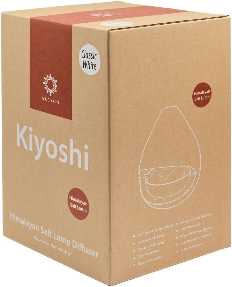Alcyon Kiyoshi diffuser displaying its benefits: releases negative ions, air purification, aids sleep, and improves mood.