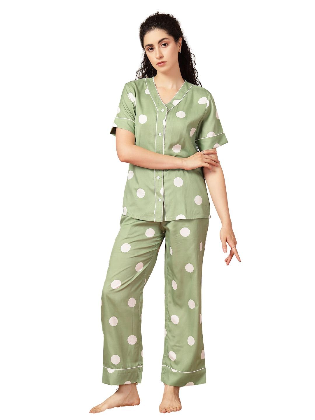 unifringe Night Suit for Women's| Polka dots Printed Night Dress| Half Sleeves Shirt and Pajama Set-picture-12