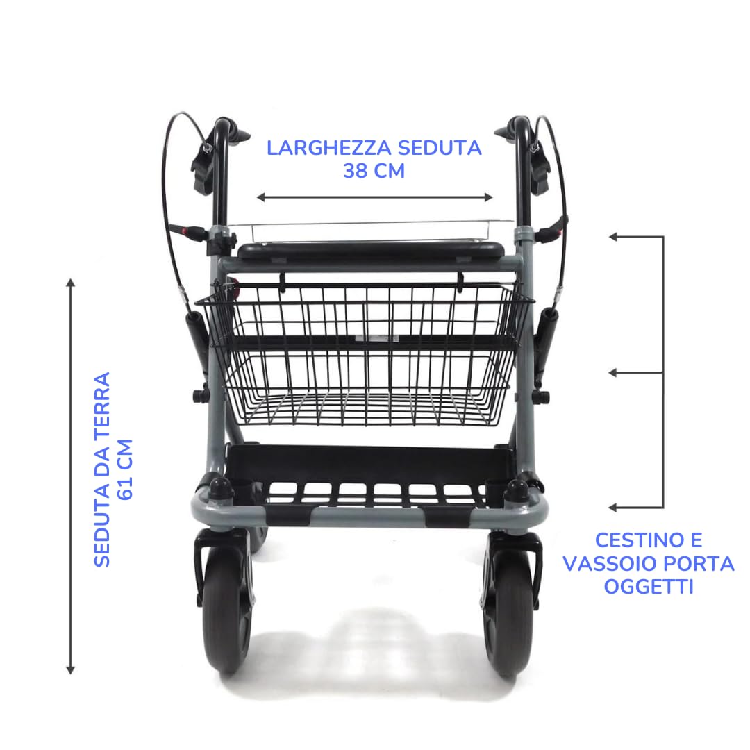 Deambulatore Girello per Anziani e Disabili Pieghevole e Regolabile con 4 Ruote, Rollator con Freni di Stazionamento, Seduta e Cestino per esterni e interni, Alluminio