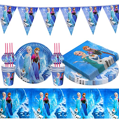 Frozen Anniversaire Vaisselle Kit,52 Pièces Anniversaire Vaisselle Reine des Neiges - Plate, Serviette en Papier, Tasse, Nappe, Pailles, Tirez Le Drapeau pour Décoration de Fête pour 10 Enfants