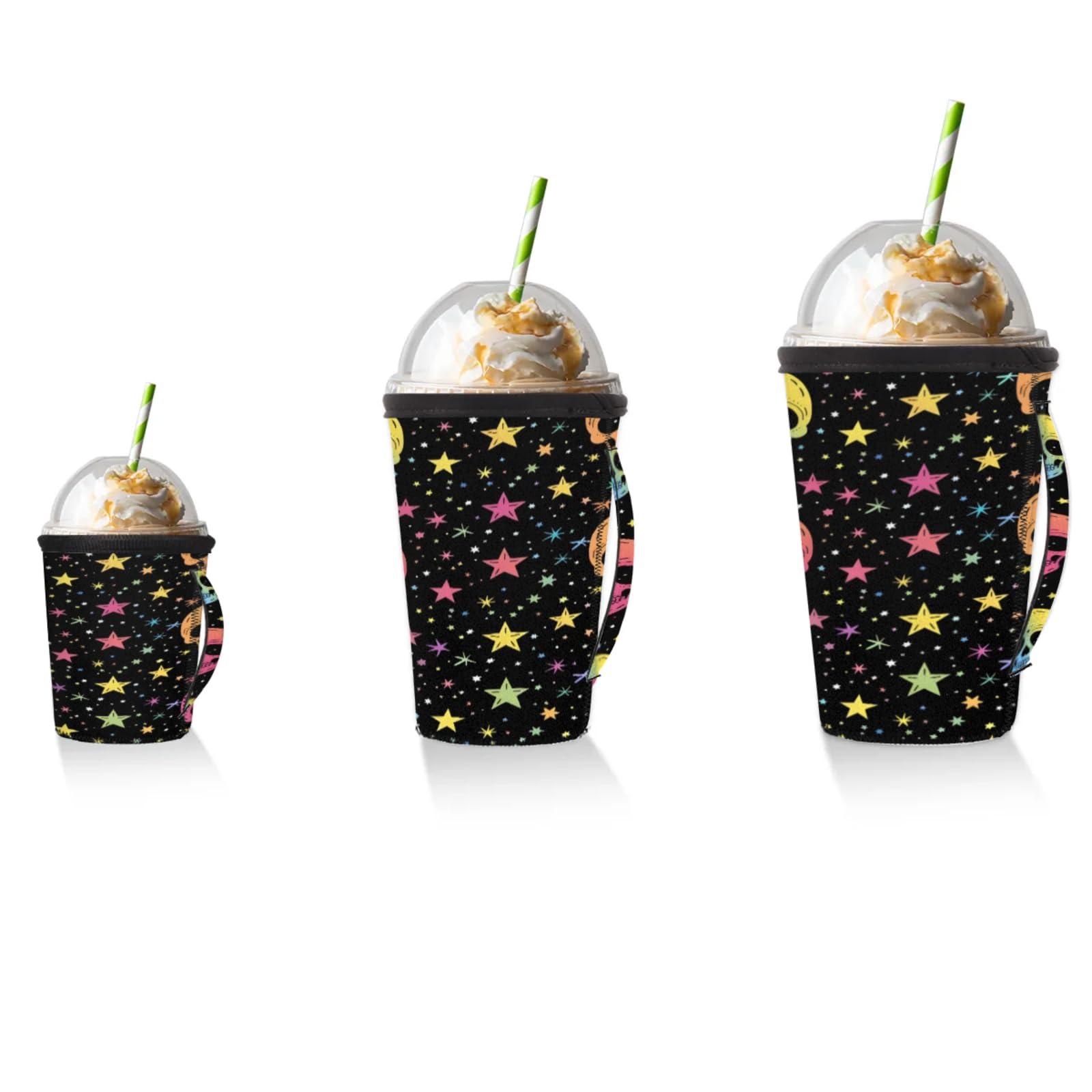 Abstract Colorful Star Skull Reusable Neoprene Coffee Sleeve with Handle Insulated Iced Coffee Cup Holder Reduces Condensation Fits 24-28 oz Cups M