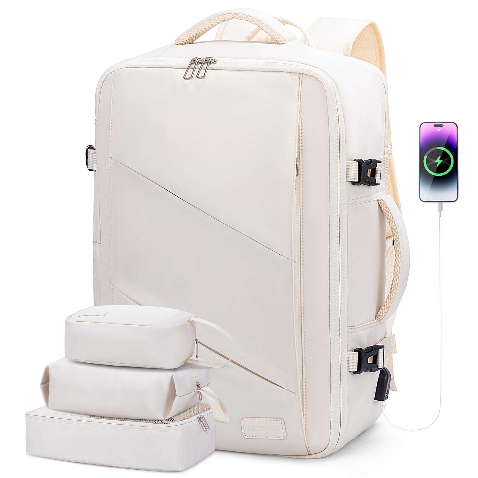 LOVEVOOK Travel Backpack for Women, 40L Carry On Backpack Flight Approved, Waterproof 17 Inch Laptop Backpack with 3 Cubes, College Bookbag, Personal Item Travel Bag, Beige