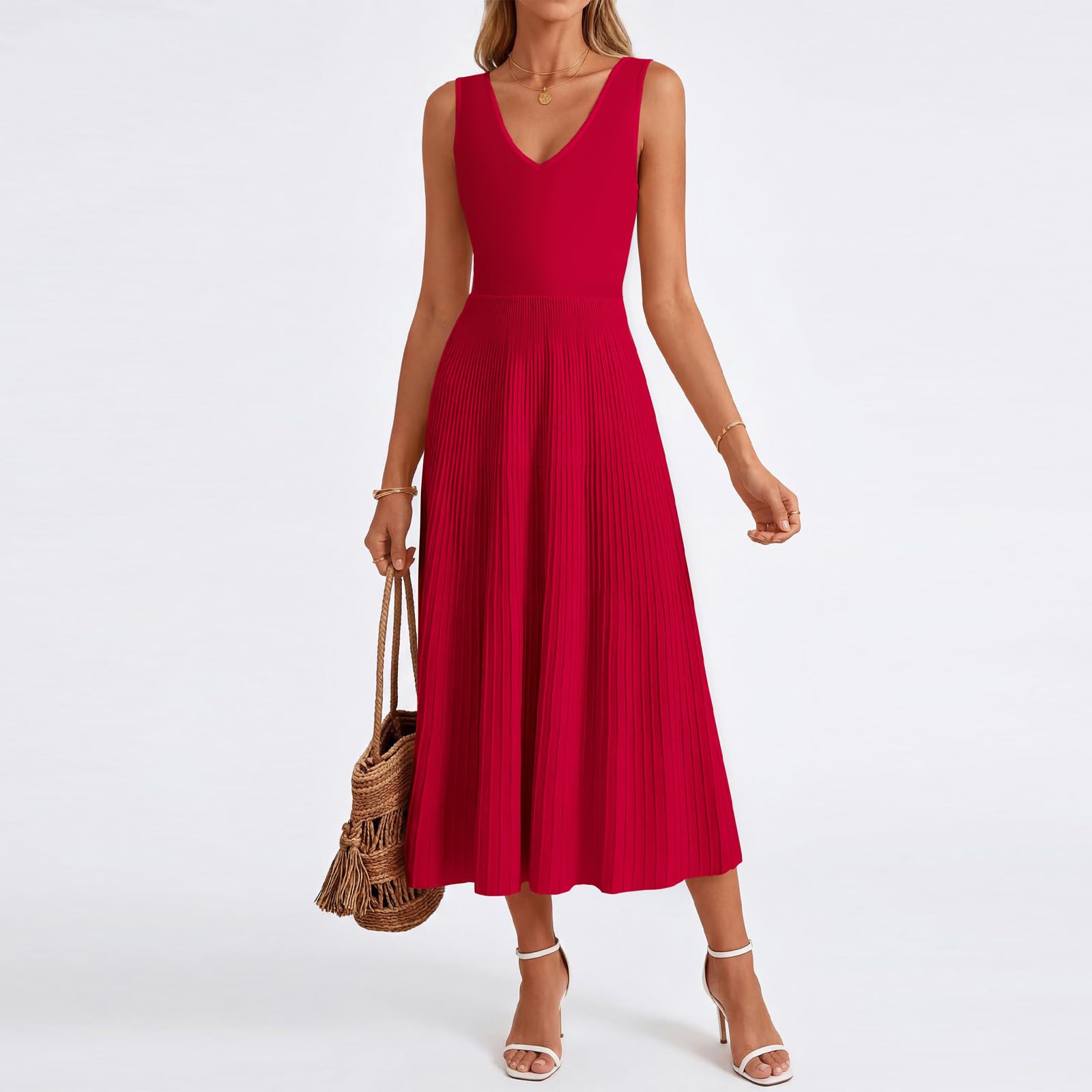 Vestito Donna Elegante Abito da Sera Senza Maniche con Scollo a V Abiti Lungo Plissettato Linea A Swing Abito da Cocktail per Festa Party