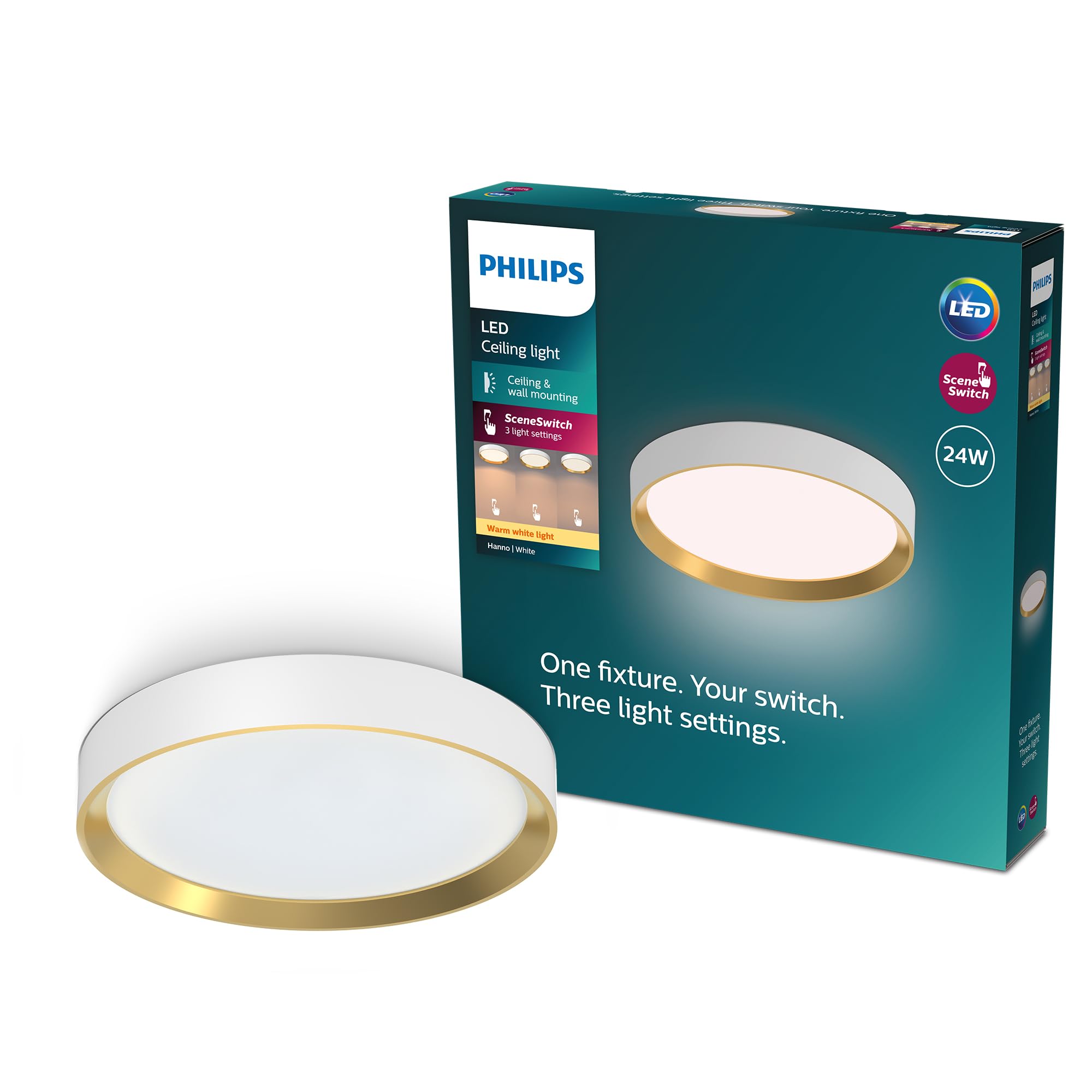 Philips Hanno SceneSwitch LED Deckenleuchte, rund, 24 W, 2700 Lumen, 2700 K, weiß, IP20, warmweißes Licht, 3 Lichteinstellungen