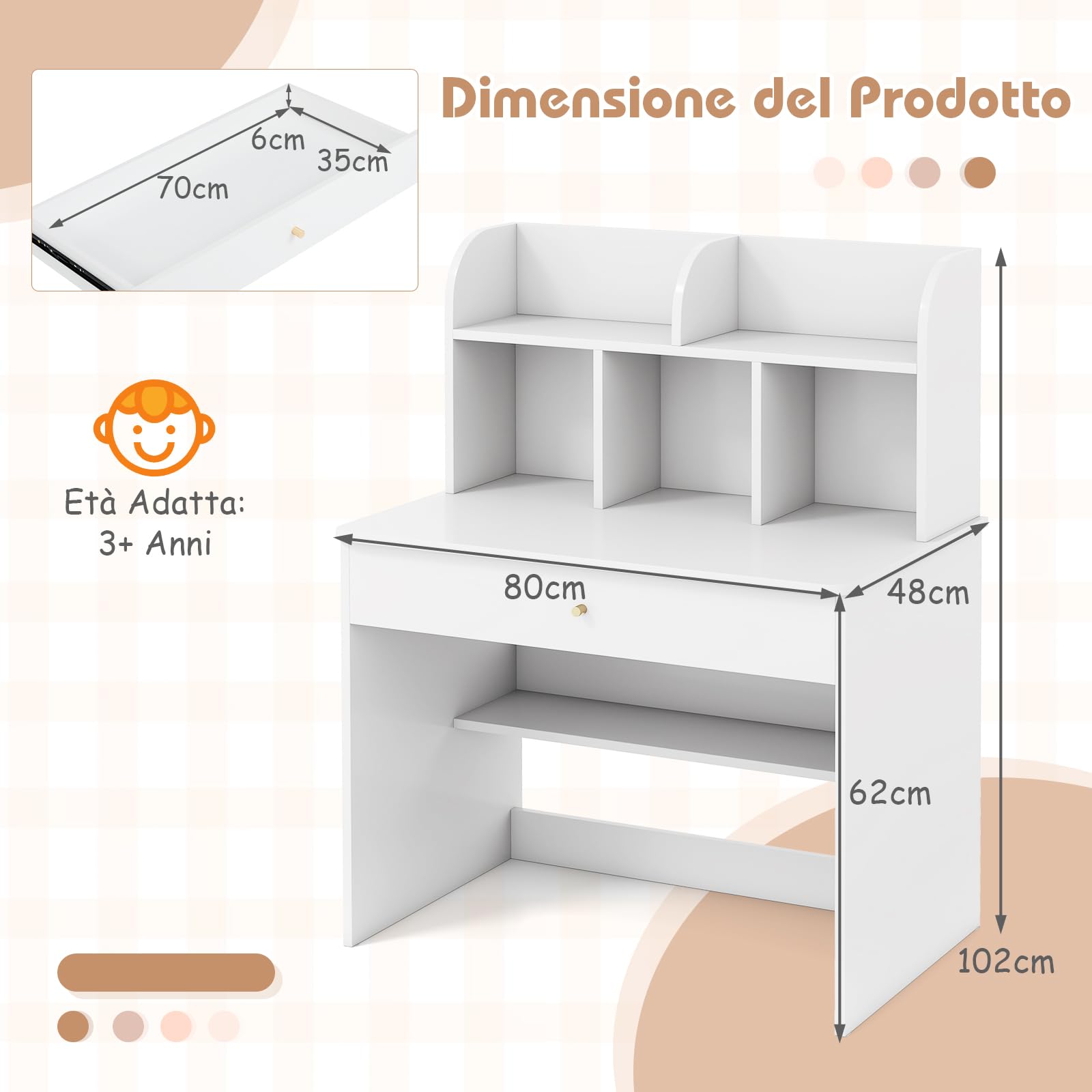 RELAX4LIFE Scrivania per Bambini con Spazio di Stoccaggio, Tavolo da Scrittura in Legno con Cassetto e Ripiano Aperto, Postazione di Lavoro per Studenti a Domicilio per Bambini 3+ (Bianco)