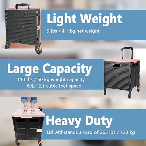 Miniatura 95 de FELICON SELORSS - Carrito plegable portátil con ruedas para subir escaleras y ruedas giratorias de 360°, mango telescópico, caja de plástico