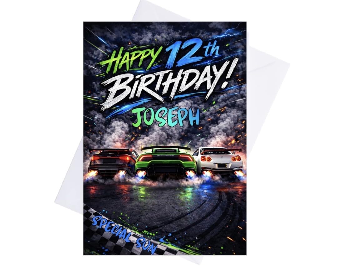 Personalized Racing Car Birthday Card | Custom Name, Age & Message | Boys Sports Car Birthday Card | Matte Photo Card 300gsm | Any Age (Style 2)