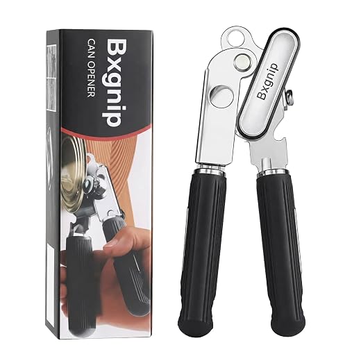 Can Opener Vertical Grain Non-slip Soft Handle Stainless Steel Manual Can Opener Oversized Easy Turn Knob Sharp Cutting Wheel Good Grips with Built-in Bottle Opener
