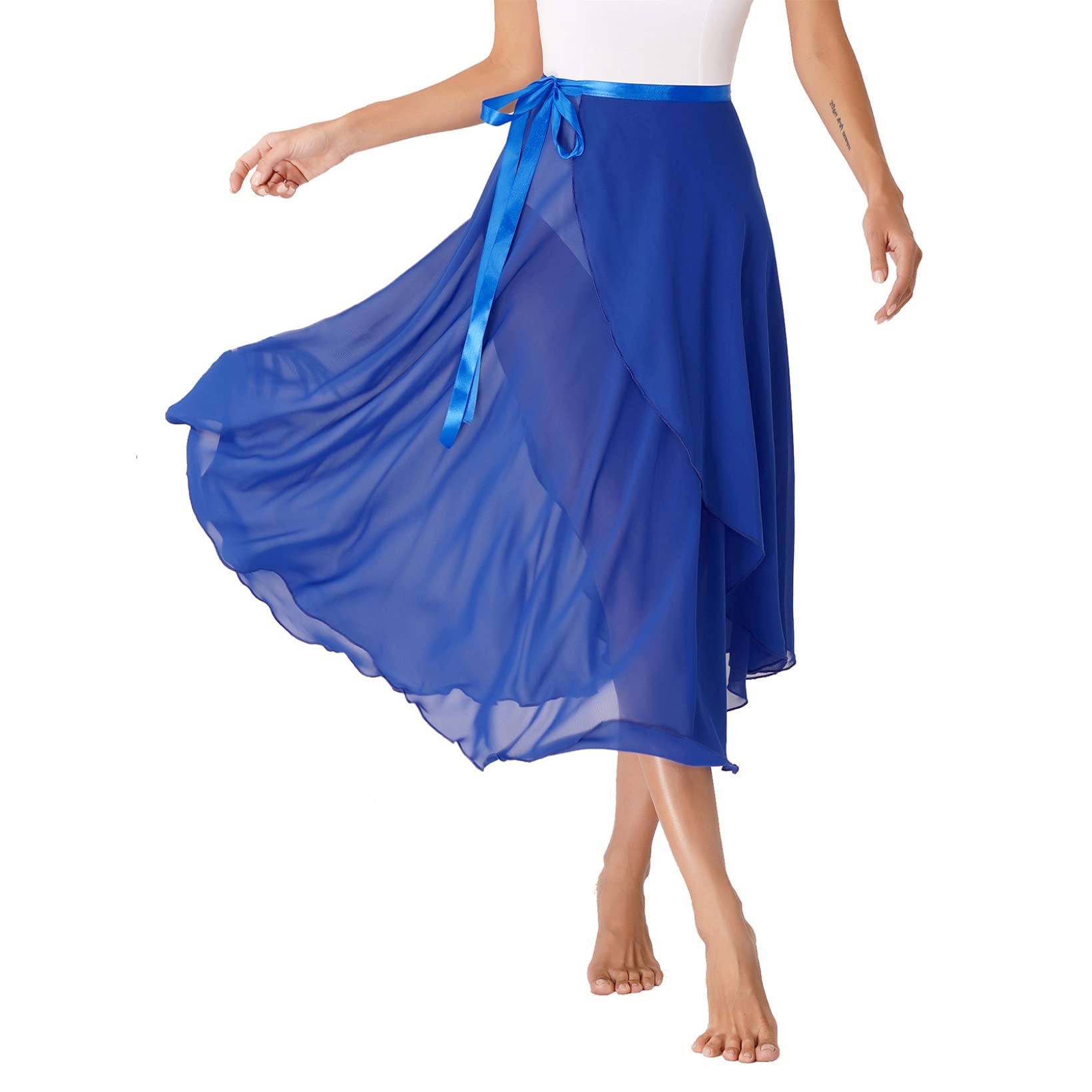 JanJean Women Sheer Chiffon Midi Wrap Skirt Ballet Lyrical Dance Skirt Hip Scarf High Waist Overlay Royal Blue One Size