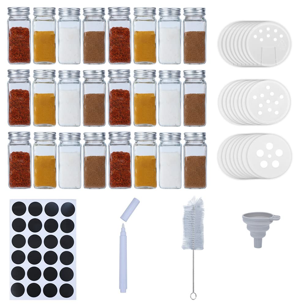 24 quadratische Glasflaschen mit 24 Etiketten, 120-ml-Shaker-Deckel und luftdichten Metallkappen. Zusammenklappbarer Trichterbecher aus Silikon, Pinsel und Markierungsstift im