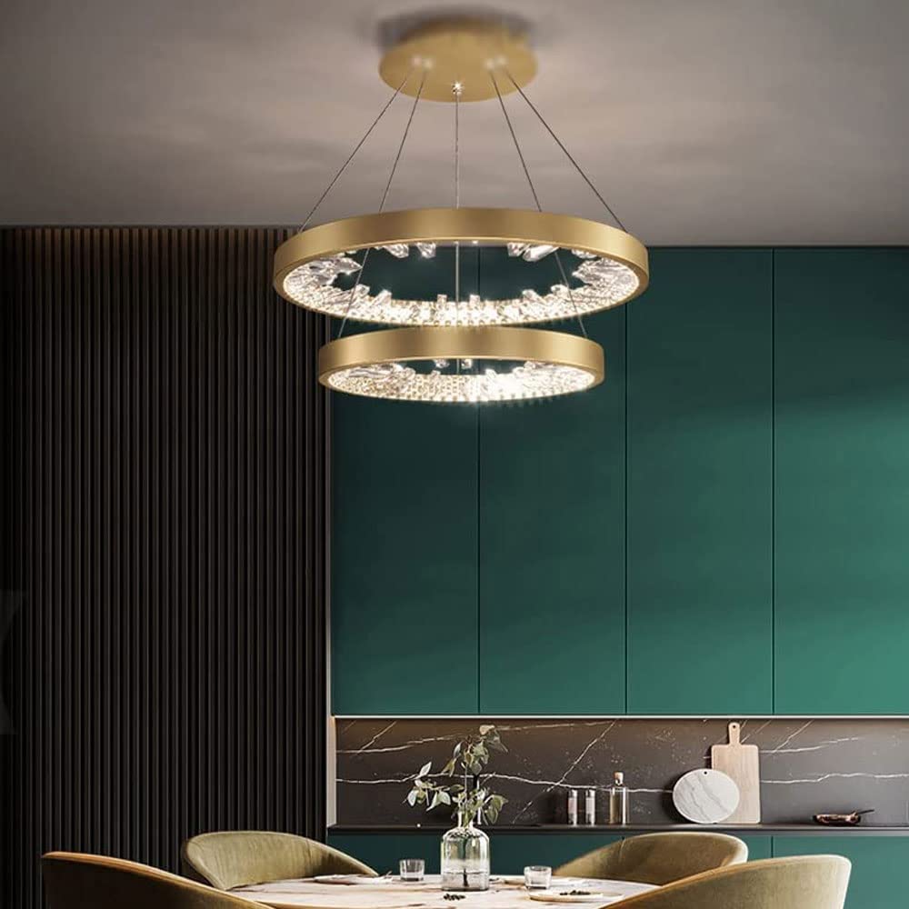 Pełna miedź sufitowa lampa wisząca, ściemnialna kryształowa dioda LED wisząca lampa sufitowa podwójny pierścień nowoczesna lampa wisząca LED żyrandol do sypialni jadalnia Made in China