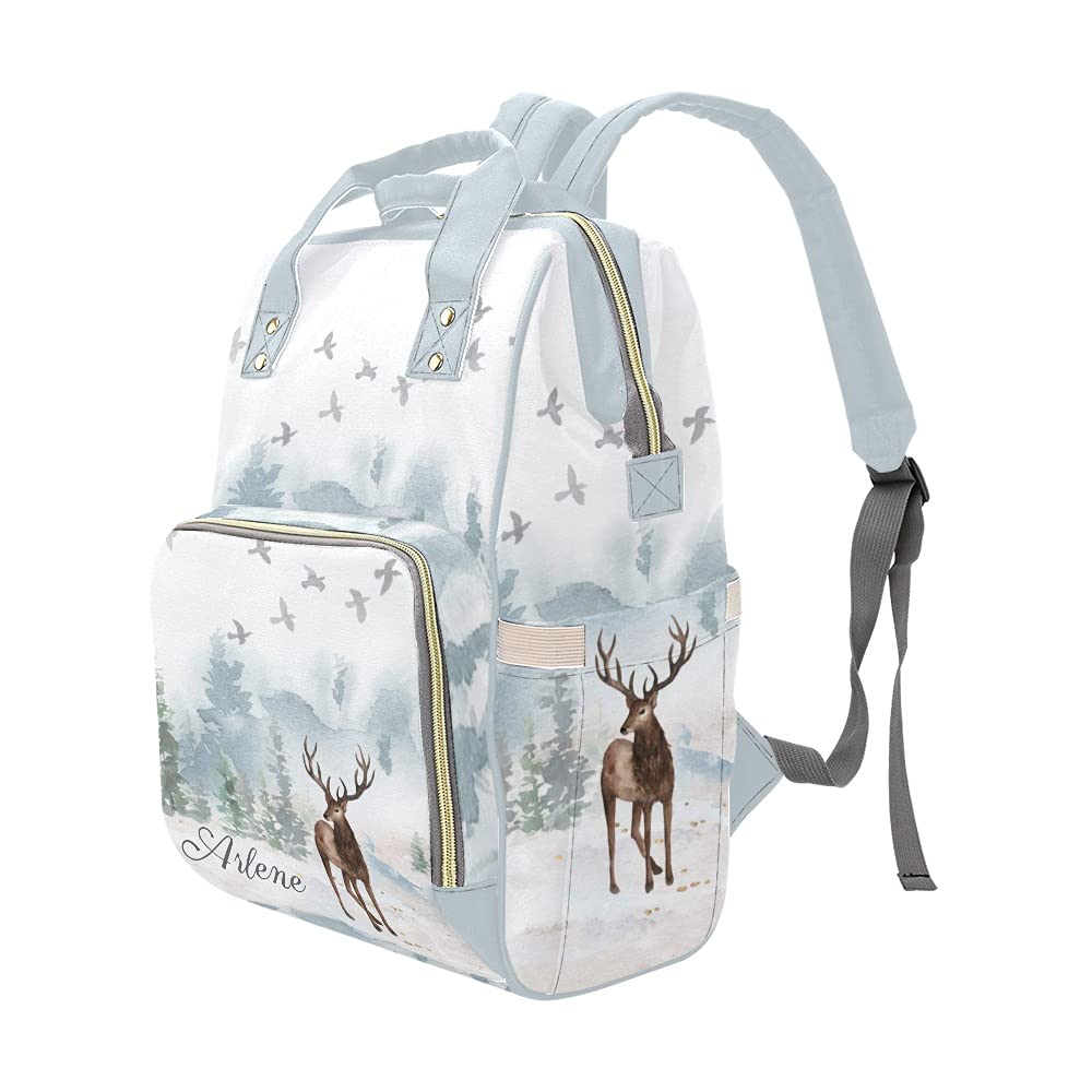 Deer Forest Watercolor Multi-Function Personalized Diaper Bag Backpack Tote with Name,Custom Travel Nappy Mommy Bag Backpack for Baby Girl Boy Gift,10.83inch x 6.69inchx 15inch