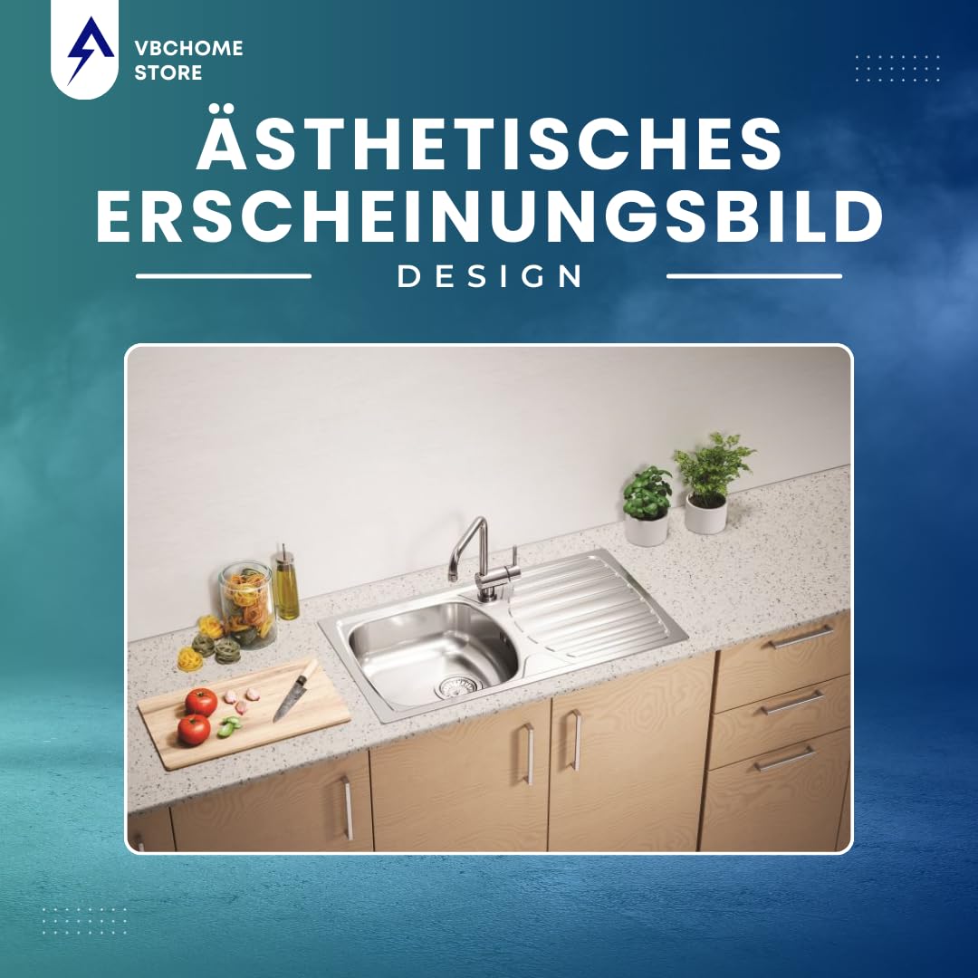 VBChome: Fregadero empotrable, 780 x 435 mm, estructura satén, Alveus Basic, 170 fregaderos de acero inoxidable, escurridor, para camping, fregadero de cocina y desagüe fi141