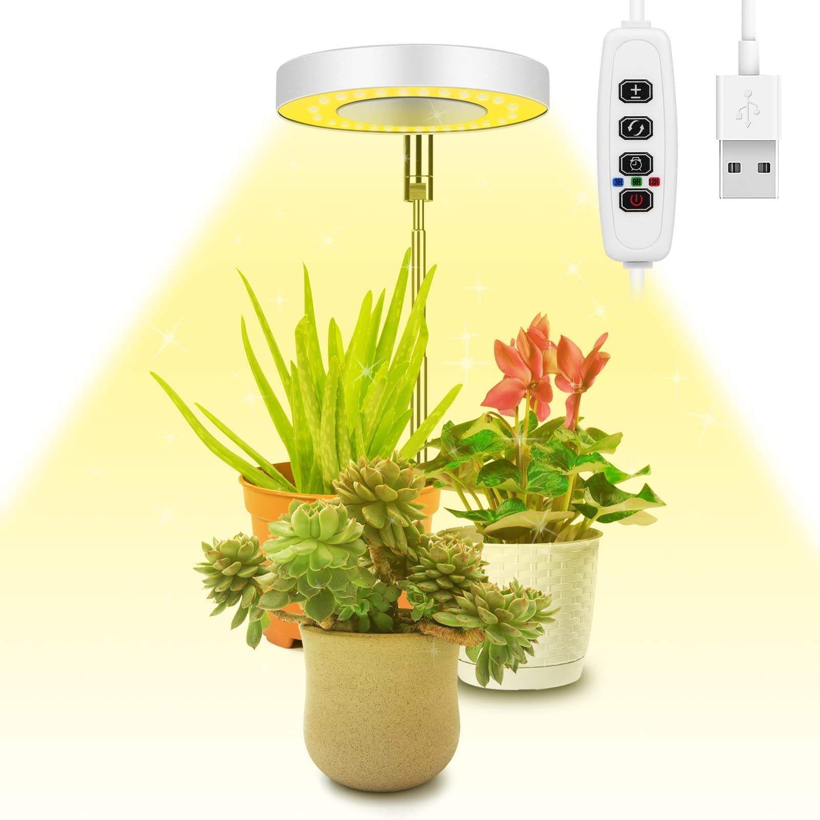 LED Grow Light, Full Spectrum Growing Lamp for Indoor Plants, 9 Adjustable Brightness 180° Rotatable Light Panel, Height Adjustable with Auto On/Off Timer 3/9/12hrs, For Small Plants (Warm White)