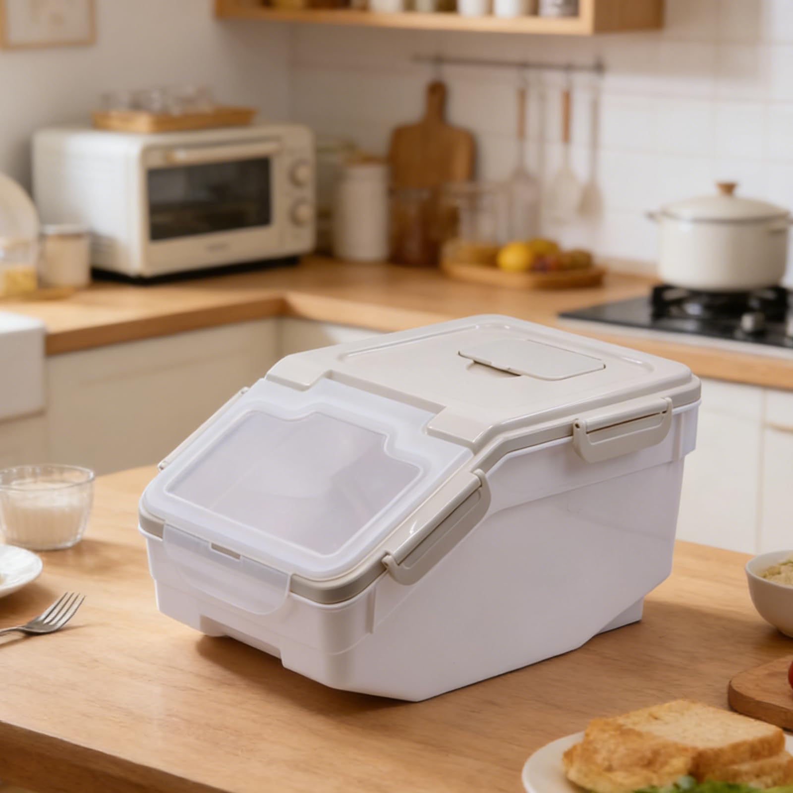 Contenitore ermetico per riso, 5 kg, a prova di umidità e parassiti, con ruote e coperchio di bloccaggio, per riso, farina, pasta e alimenti secchi, per uso alimentare (grigio)