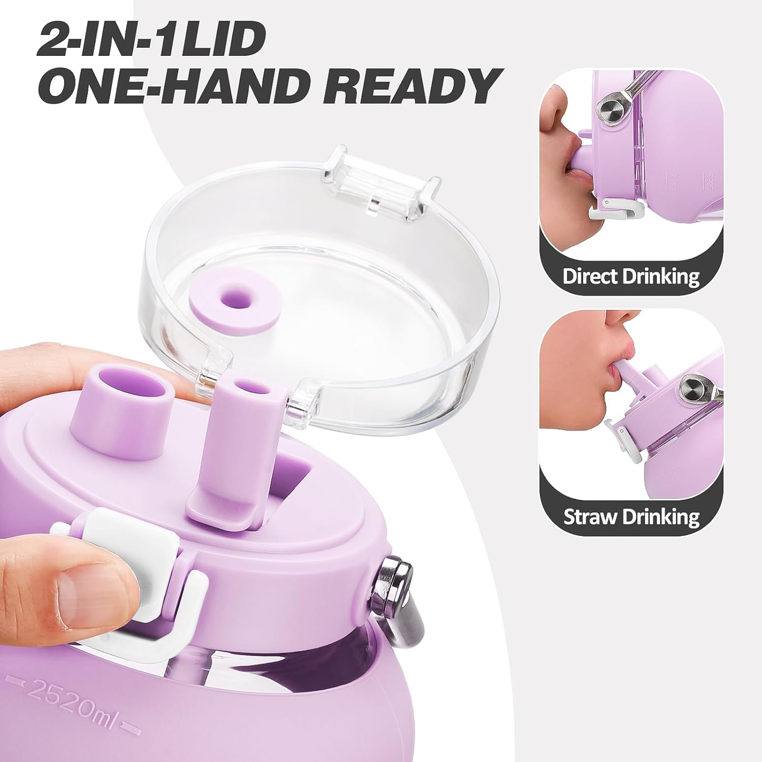 MUKOKO 84oz Glass Water Bottle with Time Marker and Silicone Sleeve 2.5L Water Jug with Stainless Steel Handle Gallon Drinking Bottle with 2-in-1 Lid Wide Mouth BPA Free, Purple - Image 2