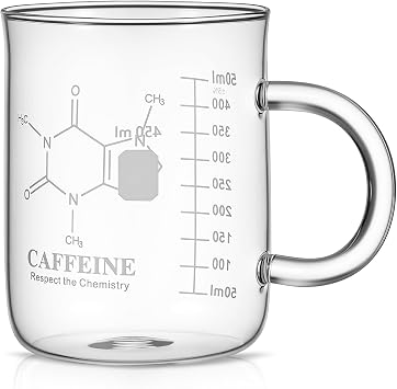 Hsei 1 Pack 16 oz Caffeine Beaker Mug Caffeine Molecule Mug with Handle Graduated Beaker Coffee Cup Borosilicate Glass Chemistry Cup, Measuring for Coffee, Latte, Tea, Hot Cold Beverage, 450ml