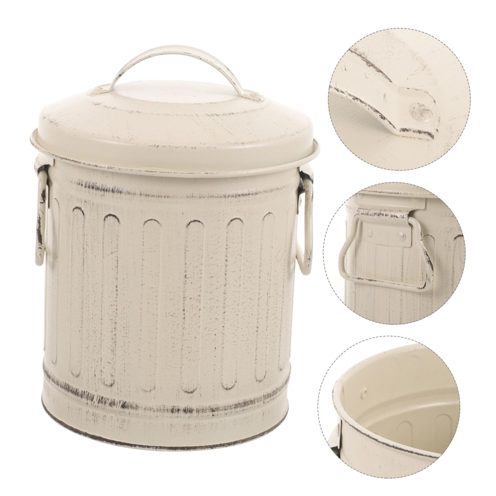 Secchio Cenere Stufa con Coperchio Grande Ferro Beige Vintage