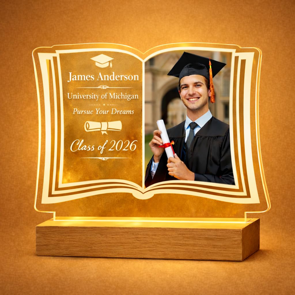 SENSING Personalised Graduation Gift with Photo, Custom Acrylic LED Night Light Plaque with Name & Message, Graduation Keepsake Frame for Daughter, Son, Her & Him, Warm White & 7-Colour Light