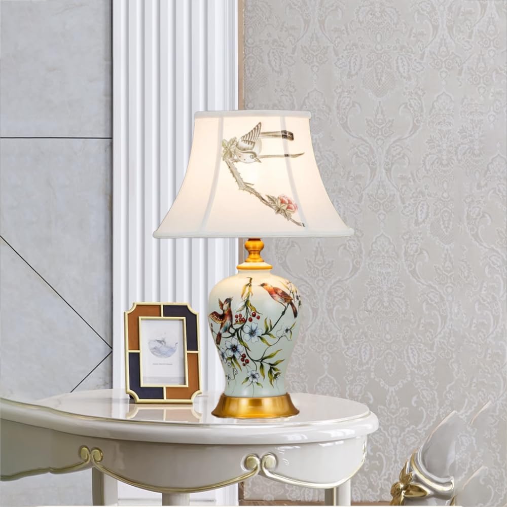 XINYASEE Lampade da tavolo in ceramica, lampada da tavolo per camera da letto con vaso a forma di uccello e fiore, lampada da comodino per soggiorno E27, paralume in tessuto (Bianco)