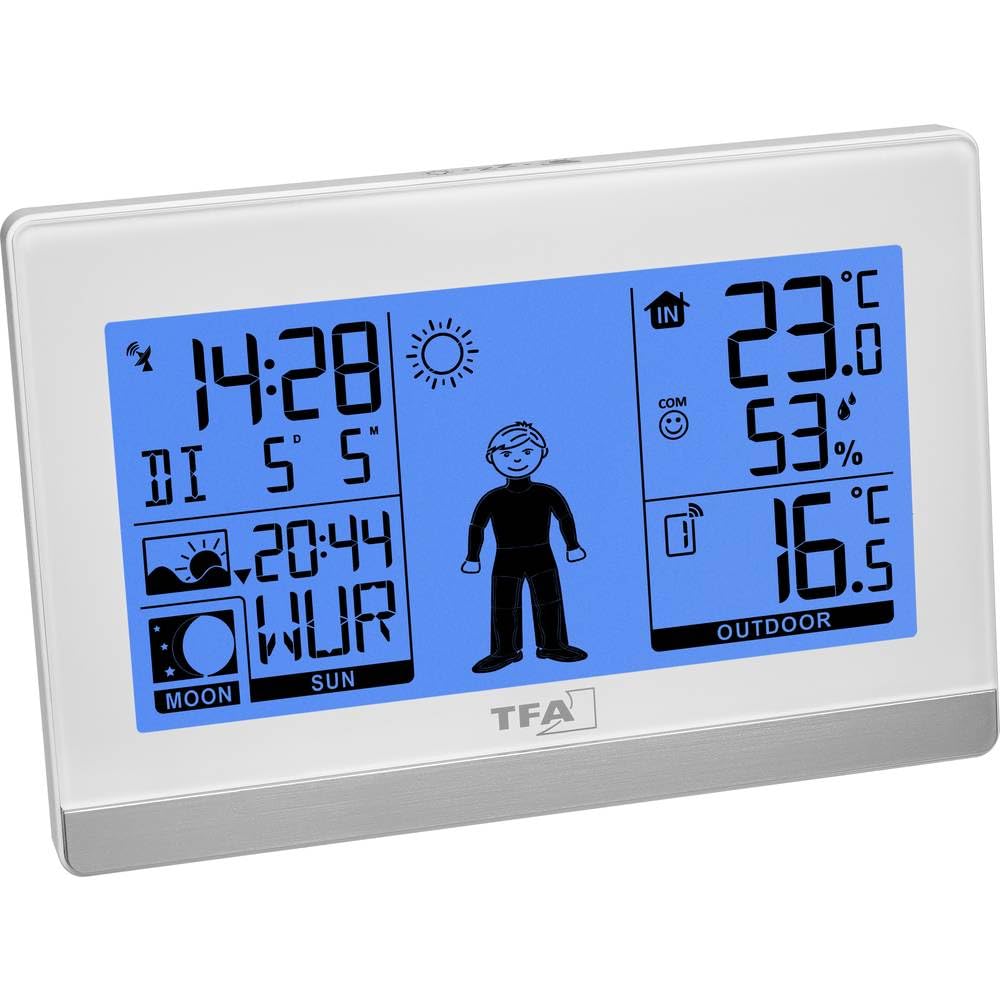 TFA Dostmann stazione radiocontrollata digitale Weather Boy, 35.1159.02, fase lunare, ora dell'alba/tramonto, temperatura e umidità, con sensore esterno, bianco