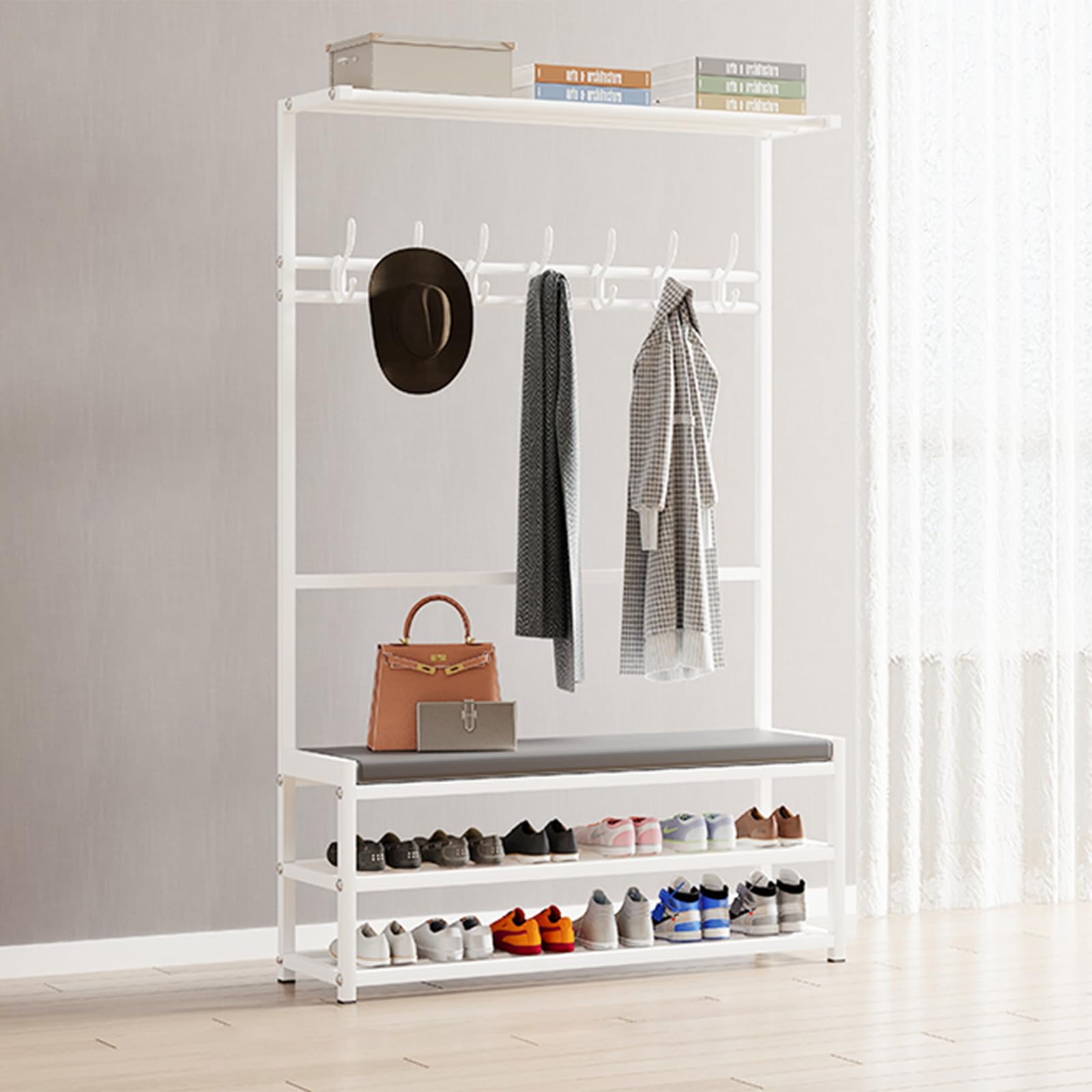 SWENEEN Freestanding Rack Storage Entryway Tree Stool,Sturdy Frame Nized Coat For Entryway,White-90 25.5 160cm
