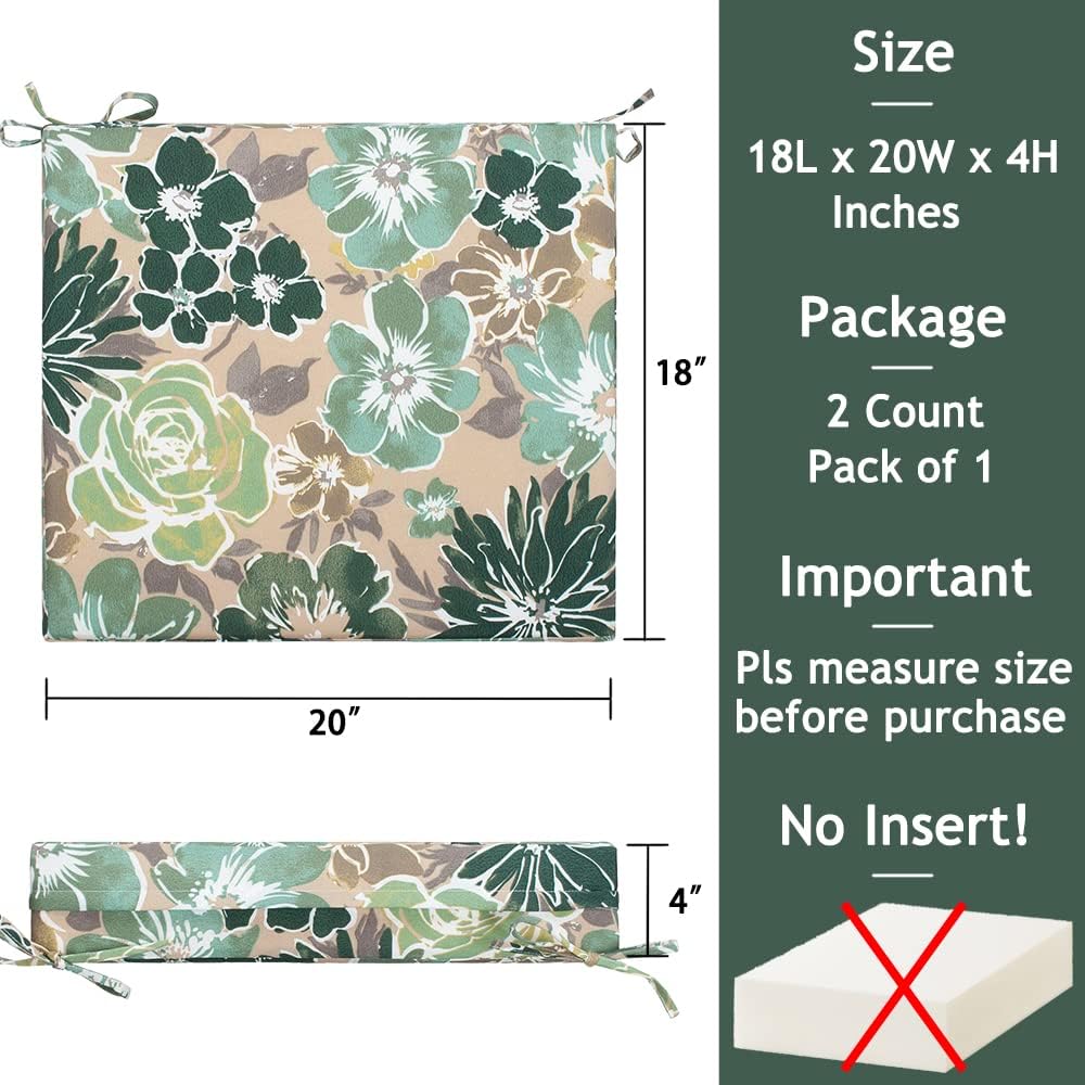 Magpie Fabrics Patio Cushion Covers Set of 2(Replacement Cover only, No Insert!), Waterproof Indoor Ourdoor Deep Seat Chair Cushion Slipcover with Ties(20x18x4 Inch, Green Floral)