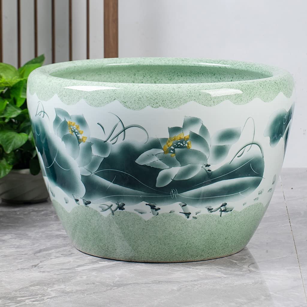 HIHELO Aquarium Aquarium Fish Tank Céramique Lotus Fish Culture Tank Grand Bleu Et Blanc Salon Balcon Cour Lucky Fish Bowl Petit Aquarium (Color : A, Size : 53CM)
