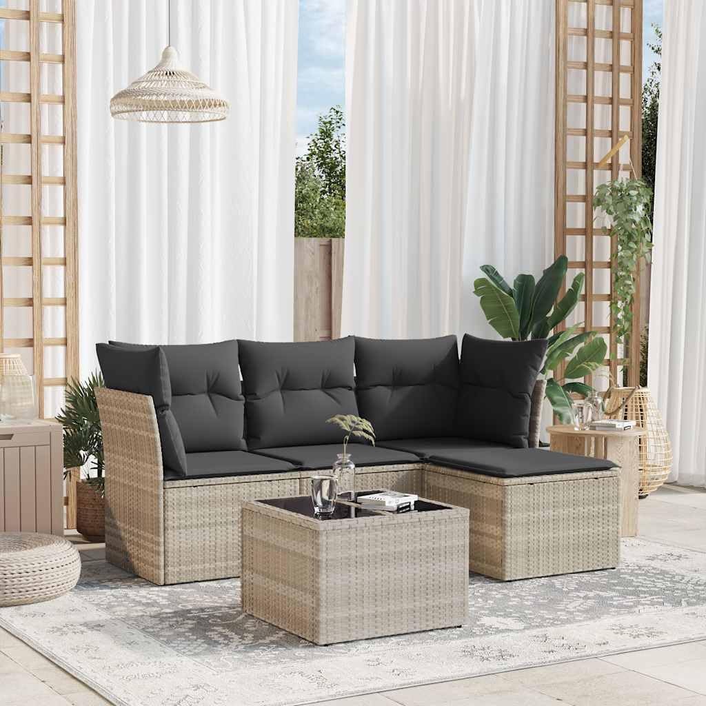 Set di 5 lounge da giardino, grigio chiaro, divano angolare in polyrattan, con spazio di archiviazione, 179 x 117 x 69 cm, resistente alle intemperie, per balcone, terrazza, giardino