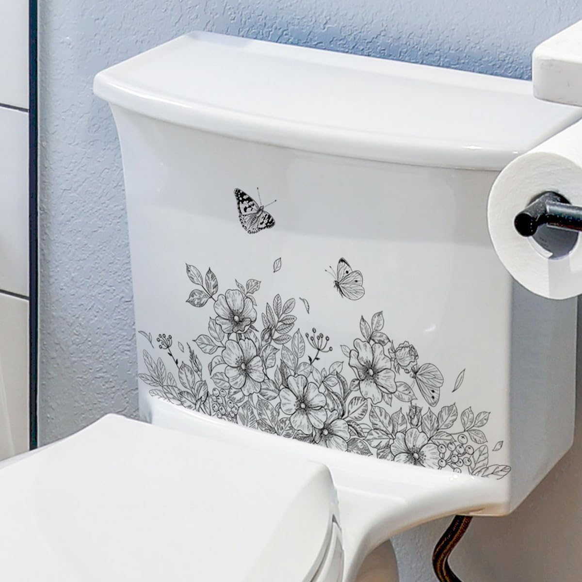 Plain Flowers Toilet Stickers Black White Butterfly Sticker Toilet Cover Decor Decals Bathroom Wall Sticker Decoration Toilet Seat Lid Decal Removable Waterproof WC Restroom Wall Art Murals