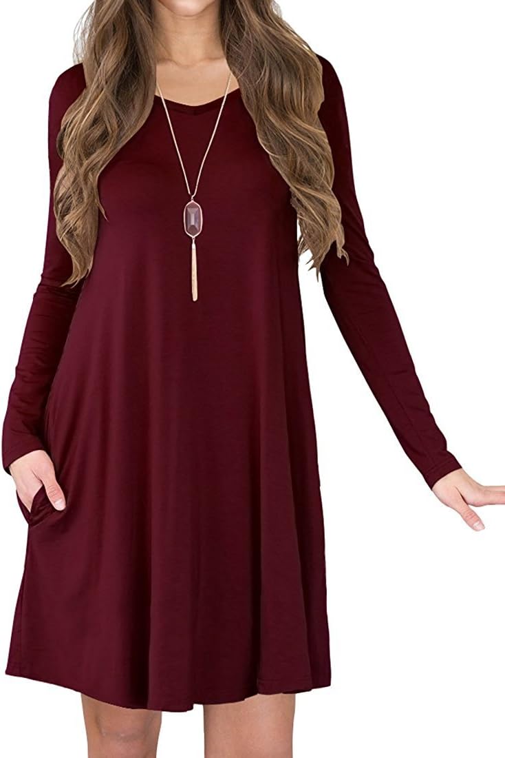 VEIMEILI Women's Long Sleeves Casual Loose T-Shirt Dress (Wine Red L)