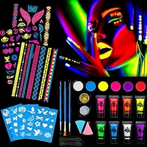 HOWAF Kinderschmink-schminkset, uv-bodypainting, bodypainting, blacklight, fluorescerende make-up met glitter, sjabloon, kwast, spons, tattoo voor kinderen, volwassenen, maskerade Halloween