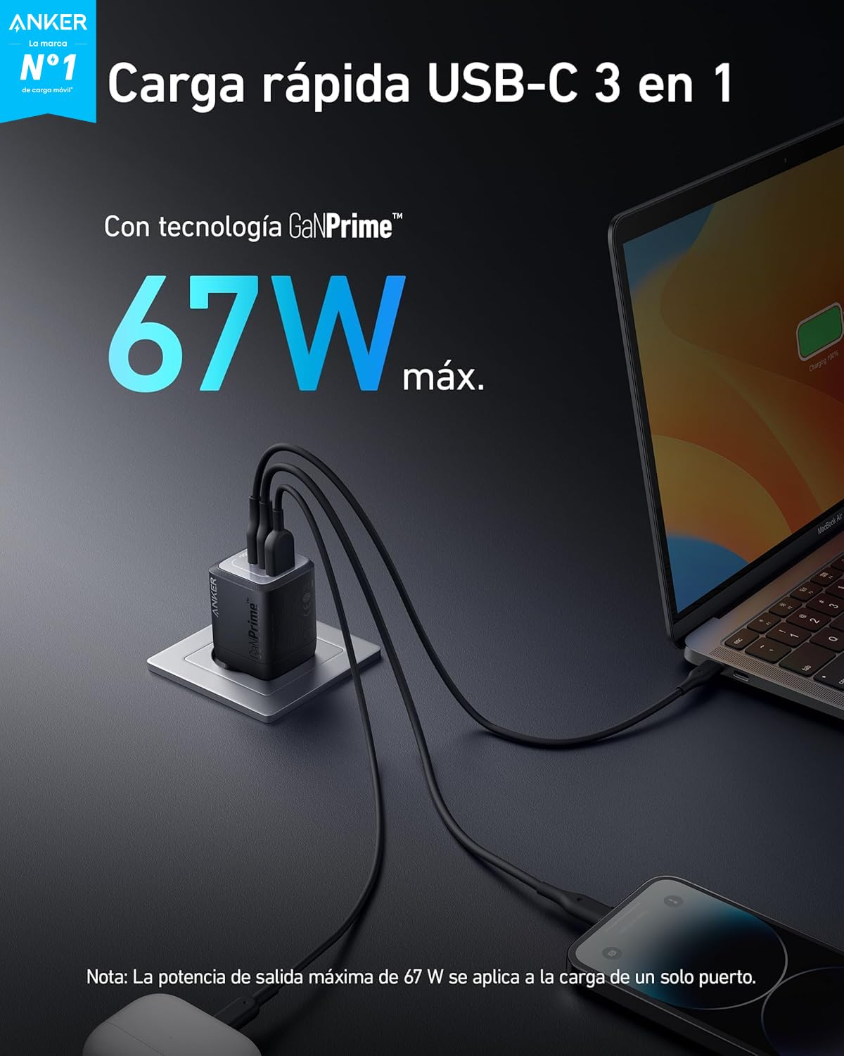 Anker Prime Cargador USB C Carga Rapida 67W, Cargador Plegable y Compacto con 3 Puertos, para MacBook Pro/Air, iPad Pro, iPhone 17/16/15/14 Pro Air, Galaxy S23/S22, Note20, Pixel, Apple Watch y más