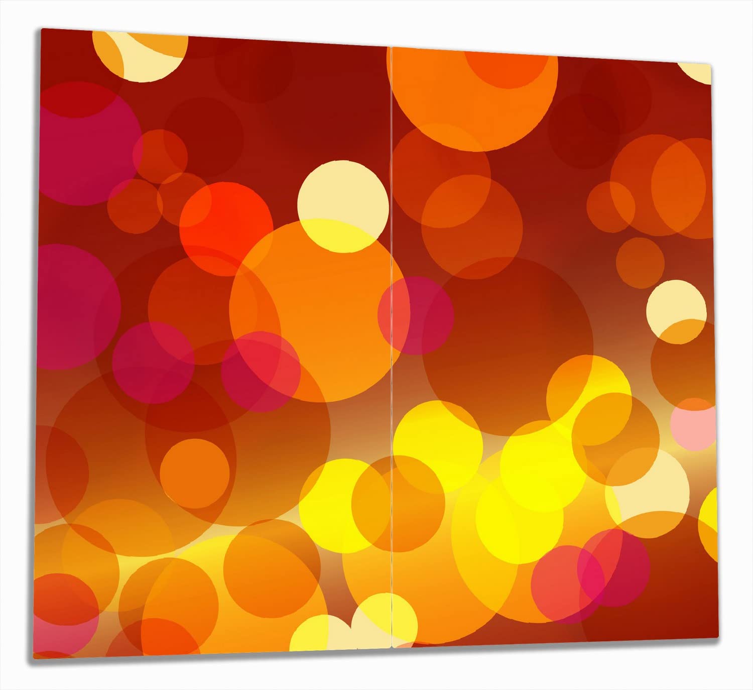 Wallario Herdabdeckplatte/Spritzschutz aus Glas, 2-teilig, 60x52cm mit 13mm hohen Füßen, für Ceran- und Induktionsherde, Rote gelbe und orange Kreise - harmonisches Muster
