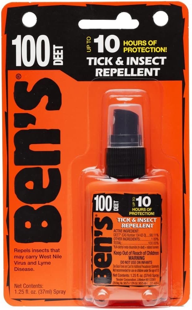 Ben’s 100% DEET Tick & Insect Repellent 1.25 oz. Pump Spray – 100 Percent DEET Bug Spray Travel Size Best Insect Repellent Last 10 Hours Repels Mosquitoes, Ticks, Black Flies, Chiggers, Midges, & More