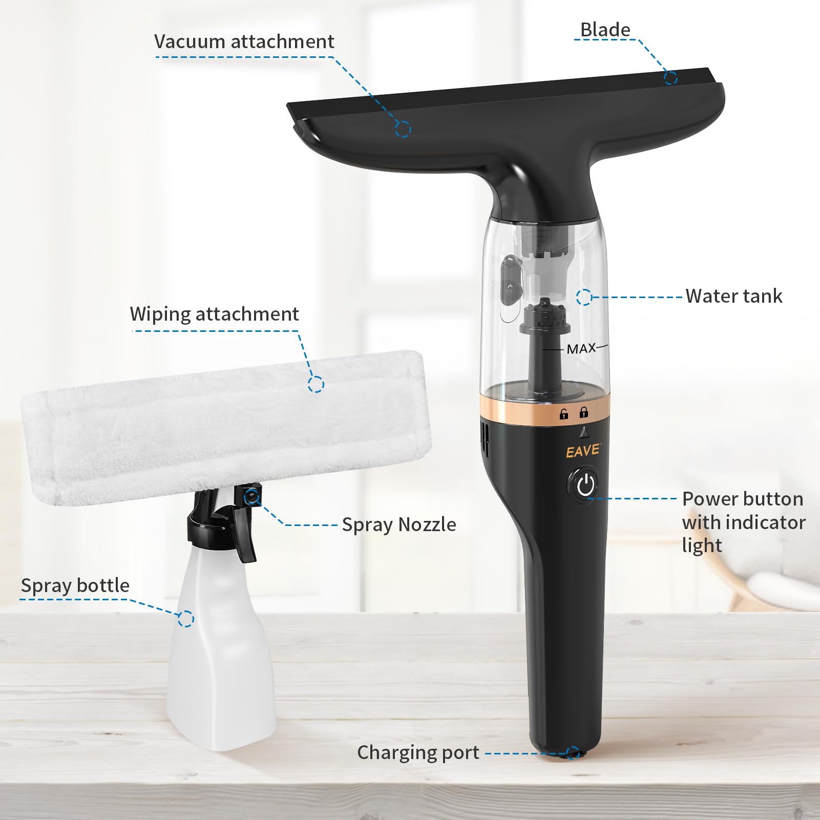 Nettoyeur de Vitres Aspirateur de fenêtre rechargeable - Kit de nettoyage électrique pour vitres - Réservoir d'eau de 60 ml Aspirateur de fenêtre sans Fil avec vaporisateur (noir)